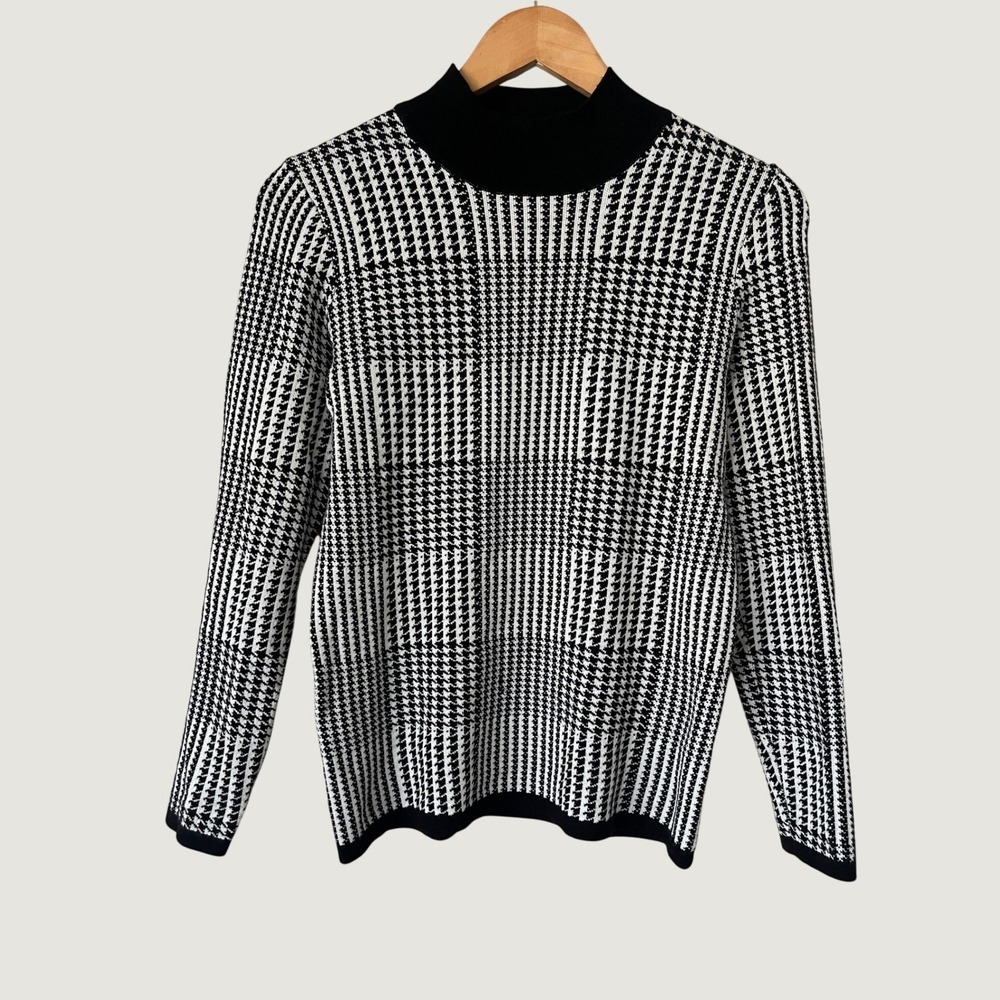 T Tahari Womens XS Houndstooth Plaid Mock Neck Knit Top Black White Long Sleeve